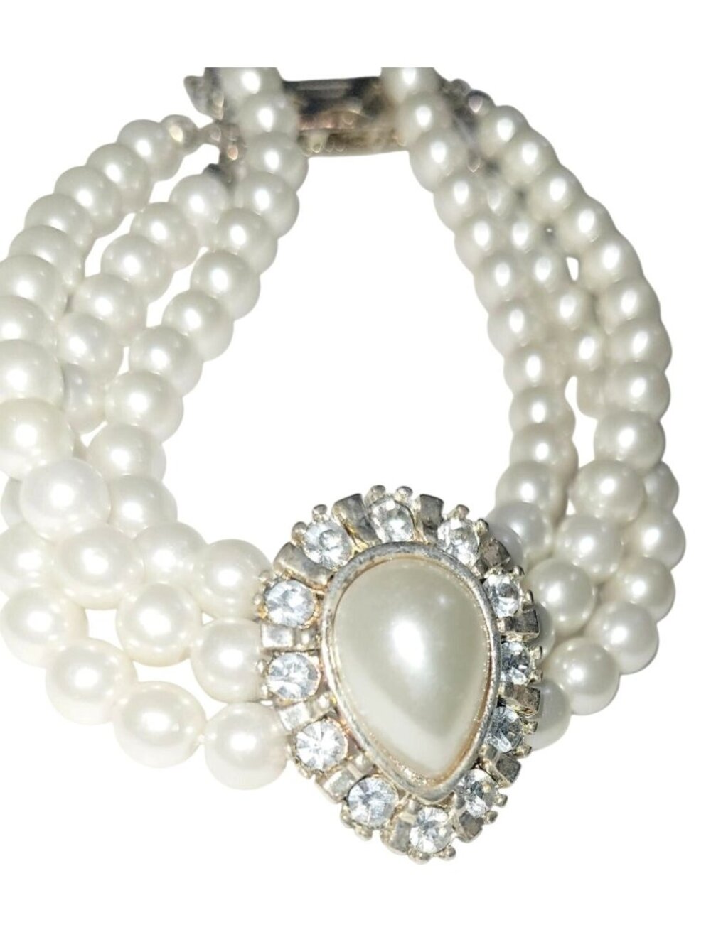 Faux Pearl With Tear Drop Crystal Cabochon Three Row Bracelet Silver Tone Clasp - Picture 7 of 10